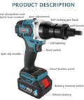 Portable Cordless Rivet Gun With Rechargeable Battery And M3 To M12 Inserts Automatic One Button Pop Riveter showing features and design details.