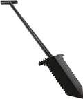 NX-5 31 Inch Long Handle Black Tempered Steel Shovel For Heavy Duty Digging And Cleanup, angled view, serrated edge visible
