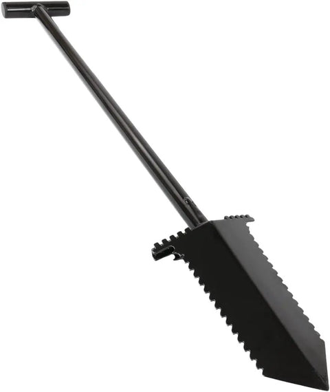 NX-5 31 Inch Long Handle Black Tempered Steel Shovel For Heavy Duty Digging And Cleanup, angled view, serrated edge visible