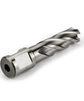 Front-angle view of Oscarbide 5/8x2 HSS annular cutter with 3/4 in Weldon shank for magnetic drill press; silver steel