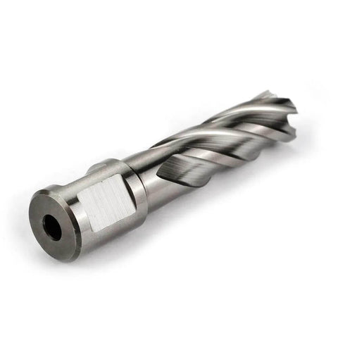 Front-angle view of Oscarbide 5/8x2 HSS annular cutter with 3/4 in Weldon shank for magnetic drill press; silver steel