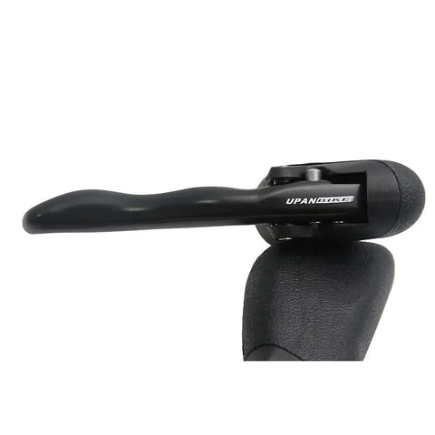Close-up of black ergonomic forged aluminum drop handlebar brake lever set for road and fixie bikes with quick release.