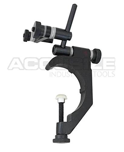 Side view of Accusize universal indicator holder for dial test indicators, black metal with adjustment screws