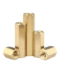 Five brass hollow hex standoffs, M6 x 20mm, PCB spacers with female threads (front view)