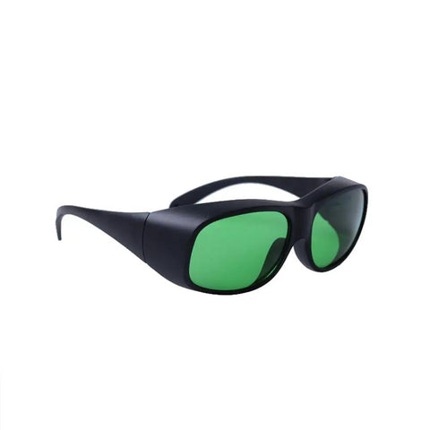 Solid Defense Laser Safety Glasses Shield Eyes Against 630 To 660Nm Red And 800 To 1100Nm Near Infrared Rays, black frame with green lenses.