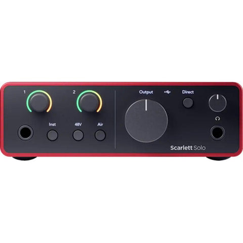 Front view of Scarlett Solo USB-C Audio Interface 4th Gen with control knobs and outputs for home studio.