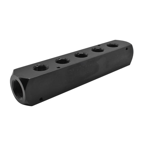 Aluminum Rectangle Pneumatic Manifold With Two Inlets And Five Outlets, Black Anodized Finish, side view highlighting ports