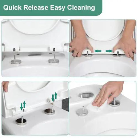 Solid As A Rock Square Toilet Seat Featuring Ultra Smooth Soft Close Lid And Super Quick Release Hinges Heavy Duty Thickened Plastic Construction Zero Hassle Install showing quick-release feature for easy cleaning.