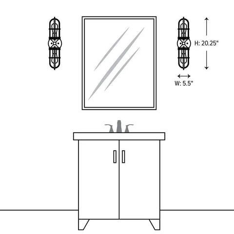 Diagram of Industrial Two Light Wall Sconce in Dark Antique Brass Urban Renewal Style Wall Bracket, 5.5x20.25 in, beside mirror.