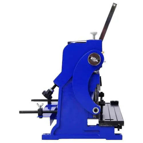 Side view of All-In-One Sheet Metal Brake 12 Inch 3 In 1 Shear Brake Roll Machine, 20 gauge capacity, blue HT200 casting.