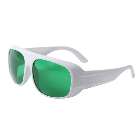 Top Shelf Laser Safety Glasses Offering Heavy Duty Wide Band Eye Protection Od3 Plus And Od5 Shielding For Red And Near Infrared Beams With Clear Optics in white frame with green lenses.