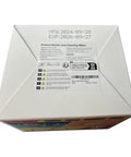 Top view of white box packaging for Amazon lens cleaning wipes with multicolor sides, for glasses and screens