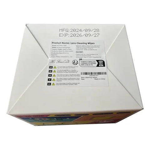 Top view of white box packaging for Amazon lens cleaning wipes with multicolor sides, for glasses and screens