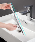 Flexible Drain Snake Cleaner Brush That Kicks Out Greasy Gunk Reusable Spiral Hair Removal Tool With Comfort Grip Handles For Sinks Showers And Bathtubs In White, 17.4 inches long in use.