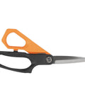 Side view of Klein Tools B2109 9-inch heavy-duty utility scissors with black handle, orange guard, stainless blades