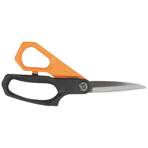 Side view of Klein Tools B2109 9-inch heavy-duty utility scissors with black handle, orange guard, stainless blades
