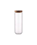 Transparent cylindrical Straight Up Solid Airtight Coffee And Tea Storage Canister With Smooth Wood Lid for countertop use.
