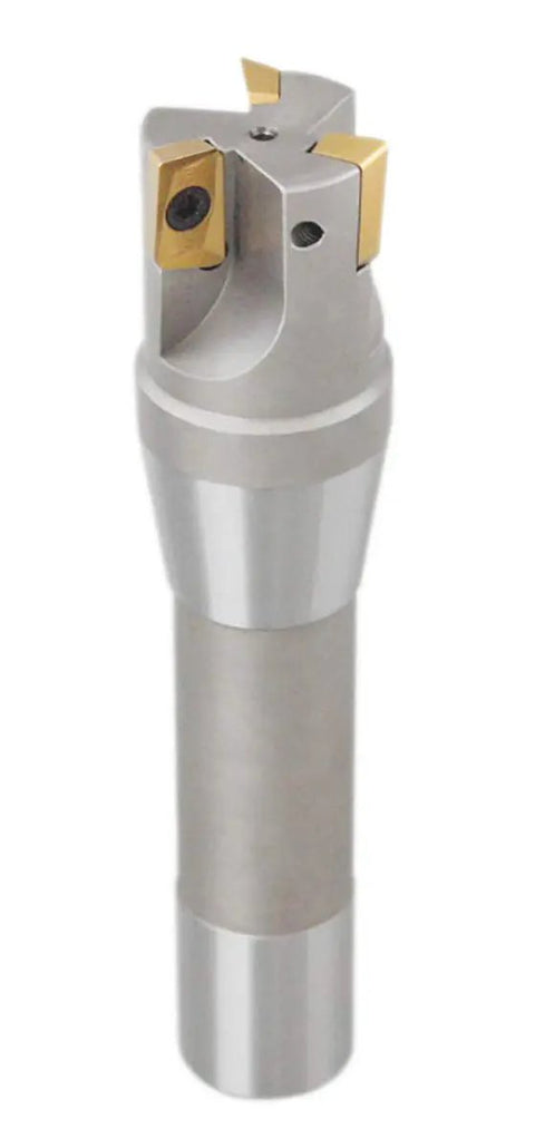 1-1/4 Inch By 5-27/32 Inch 90 Degree R8 Shank Indexable End Mill With Three APKT1604 Tin Coated Carbide Inserts Installed Positive Rake Right Hand Cut Pro Grade Milling Tool For Aluminum And Steel