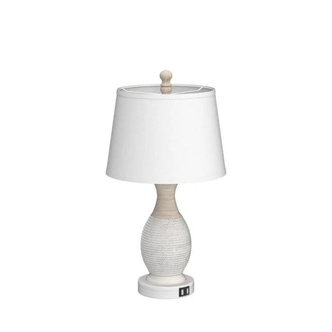 Table Lamps Set Of 2 Bedside Touch Lamps With USB-C And USB-A Charging Ports, White Fabric Drum Shades, LED Bulbs Included, Retro Polyresin Base With Distressed Gray Finish And Rope Detail