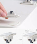 Four Pack Self Adhesive Directional Caster Wheels for Kitchen Cabinets Drawer Units and Storage Bins shown being installed.