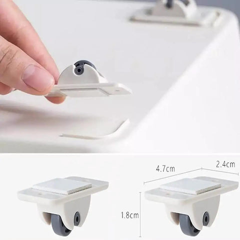 Four Pack Self Adhesive Directional Caster Wheels for Kitchen Cabinets Drawer Units and Storage Bins shown being installed.