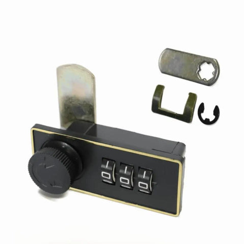 Keep Your Gear Locked Tight With This Keyless Mechanical Combination Lock For Cabinets And Drawers Featuring A Smooth Turntable Code Dial And Straight Hook For Hassle Free Secure Storage, showing a black lock with code dial and mounting hardware.