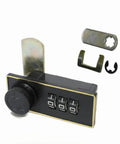Keep Your Gear Locked Tight With This Keyless Mechanical Combination Lock For Cabinets And Drawers Featuring A Smooth Turntable Code Dial And Straight Hook For Hassle Free Secure Storage. Close-up view showcasing black lock, combination dial, and metal components.