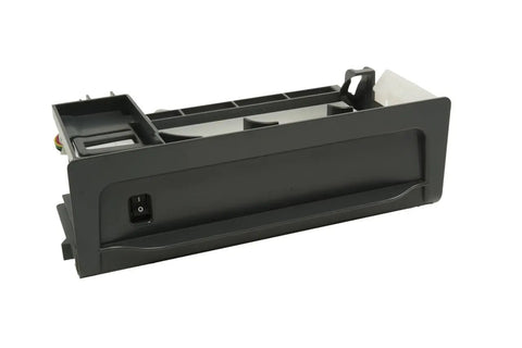 Genuine OEM Refrigerator Ice Maker Assembly Replacement for DIY Friendly Install, black plastic component, side view.
