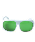 Premium Laser Safety Shades Built Damn Tough For 635Nm 808Nm And 980Nm High Power Diode Lasers, vivid green lenses in white frame.