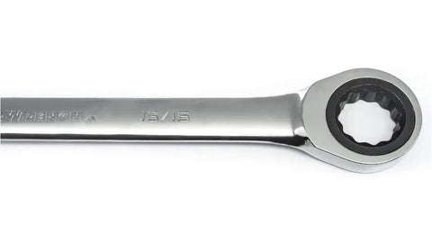 Close-up of a single wrench from the Ratcheting Wrench Set 13 Piece 12 Point SAE Tools For Mechanics With 72 Tooth Box End And Off Corner Loading.