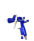 Heavy Duty Pneumatic Spray Gun For Automotive Paint And Bodywork Topcoats Featuring High Atomization Build Top Loading 600 ML Cup Knockout Finish Straight Fire side view in blue color.