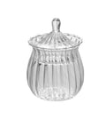 European Vertical Striped Glass Canister 420 Ml Dry Food Storage Jar with lid for loose tea or coffee on kitchen counter.