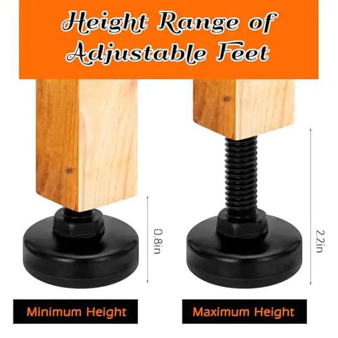 Beefy Heavy Duty Furniture Leveling Feet Set For Tables Cabinets Sofas And Dressers, adjustable feet height range illustration.