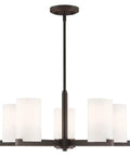 Astoria Chandelier Pendant Light in sleek steel, modern fixture with opal glass shades and olde bronze finish, 25 inch diameter.