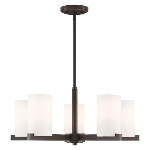 Astoria Chandelier Pendant Light in sleek steel, modern fixture with opal glass shades and olde bronze finish, 25 inch diameter.