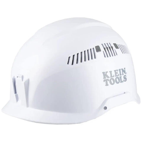 White Klein Tools safety helmet with chin strap and vented sides for at-height and confined-space work.
