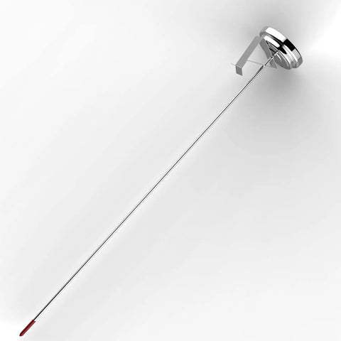 16 Inch Long Stem Deep Fry Thermometer With Pot Clip Two Pack Instant Read 2 Inch Dial Meat Thermometer For Deep Fry Turkey Grill Candy Coffee And More Your Go To BBQ And Grill Ready Multi Purpose Kitchen Tool, side angle view showing stem and dial
