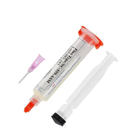 No Clean Flux Gel Paste for Soldering with Needle Dispensing Tool 559 ASM, syringe and needle shown