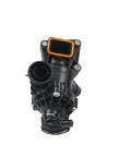 Performance Engine Coolant Thermostat Direct Bolt On Replacement For E400 Cls400 S550e top view with orange seal and mounting bolts.