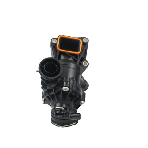 Performance Engine Coolant Thermostat Direct Bolt On Replacement For E400 Cls400 S550e top view with orange seal and mounting bolts.