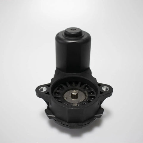 Front view of black Mercedes-Benz rear wheel parking actuator with spline shaft and mounting flanges