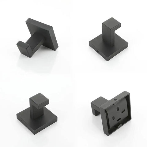 Heavy Duty Stainless Steel Wall Hooks Set, Matte Black Towel Robe Hangers For Bathroom, 4 Pack shown in detail.