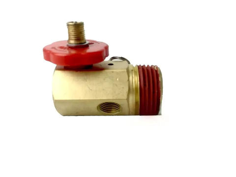 Rock Solid Brass Air Tank Manifold With Dead Reliable Safety Valve For Portable Air Compressors Includes Two Packs Featuring Straight Shooter Flow Control and Hassle Free Mounting - brass valve with red handle.