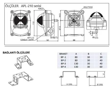 Technical drawing of Industrial Grade Aluminum Limit Switch Box for Pneumatic Actuators, dimensions, brackets
