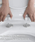 Hands demonstrating quick release feature of Solid Build Soft Close Elongated White Toilet Seat With Quick Release Hinges.