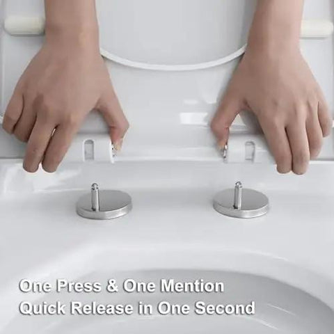 Hands demonstrating quick release feature of Solid Build Soft Close Elongated White Toilet Seat With Quick Release Hinges.