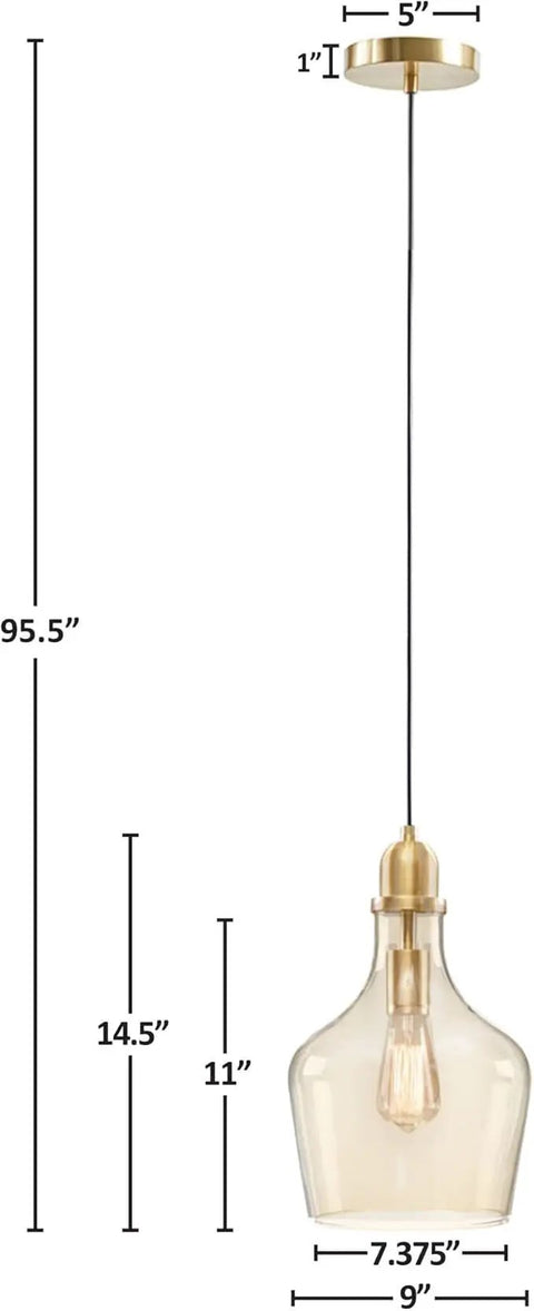 Hand Blown Glass Bell Pendant Light in Gold and Clear, Industrial Farmhouse Style, 9 Inch Shade, 95.5 Inch Adjustable Black Cord