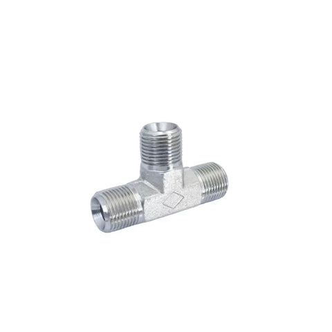 Tough High Pressure Hydraulic Pipe Fitting Internal Cone Tee British Thread C Type Joint Sizes One Eight One Quarter Three Eighths Inch Works Slick Tight For Any Rig Job Made From Solid Steel For Long Term Durability. Solid steel tee fitting with BSPT threads, shown on white.
