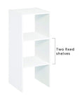 Stackable Vertical Cube Organizer In White, Heavy-Duty Freestanding Shelf With Open Back, showing two fixed shelves