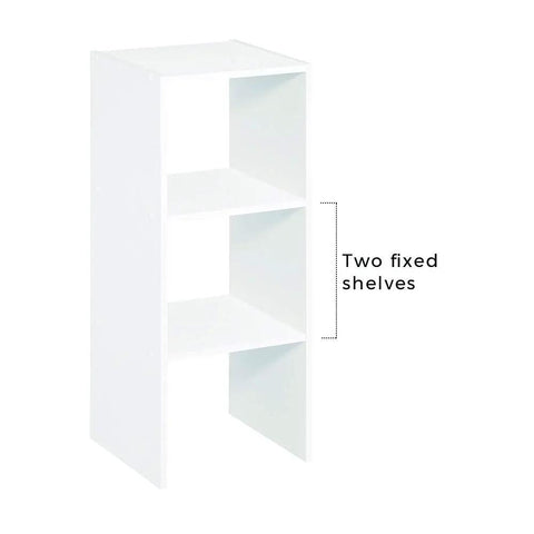 Stackable Vertical Cube Organizer In White, Heavy-Duty Freestanding Shelf With Open Back, showing two fixed shelves